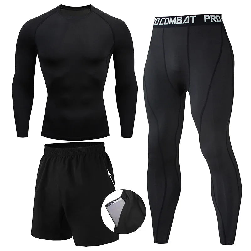 Herr 2/3-delars set boxningsdräkt rashguard herrkit MMA kompressionskläder herr långärmad t-shirt + leggings träningsdräkt sportdräkt