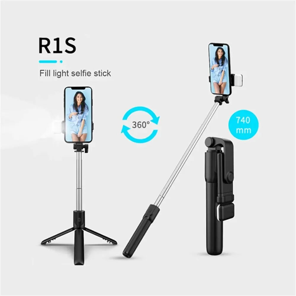 Bärbar Bluetooth Selfie Stick Tripodhållare med fjärrkontroll, fyllnadsljus, utdragbar trådlös fjärrkontroll, infällbar telefonstativ