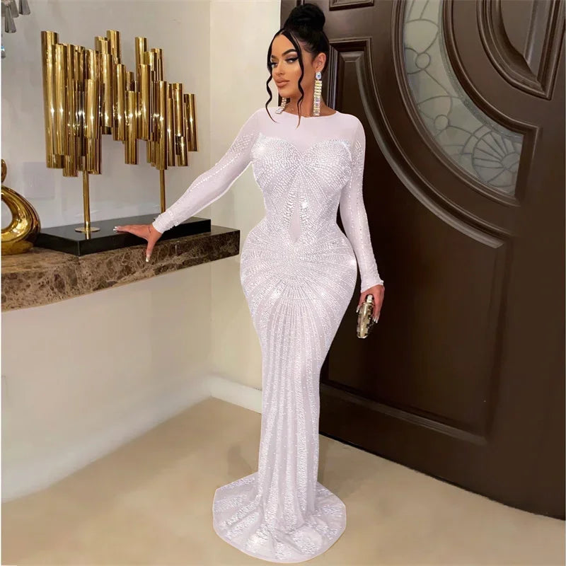 Lyxig glittrande kristall strass sjöjungfru aftonklänning för kvinnor festklänning nattklubb mesh transparent bodycon maxiklänning elegant