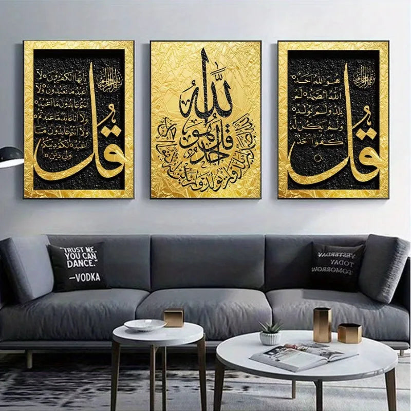 3 st islamisk skrift kanvasposter tryckt väggdekoration målning svart guld muslimsk konst hängande målning oramad för heminredning