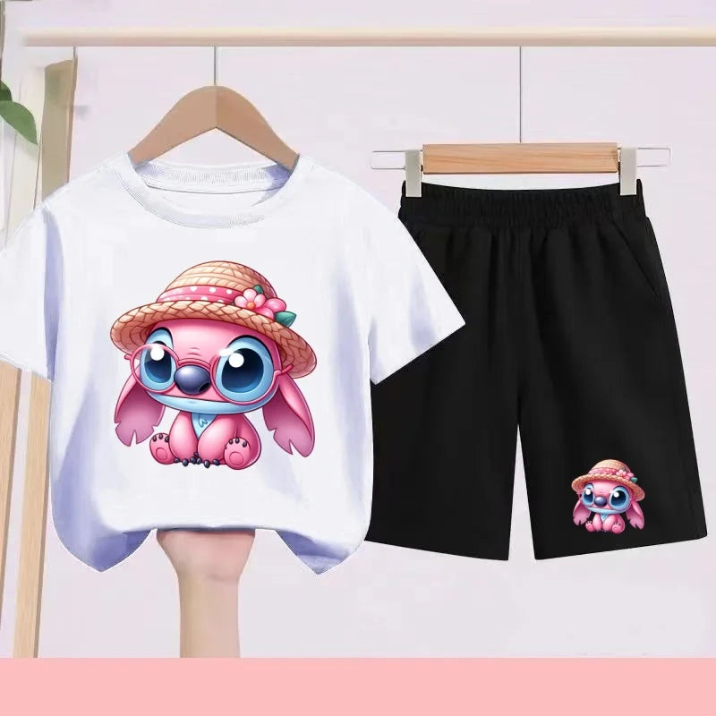 Disney Casual Children's Fashion Set T-shirt+ Shorts 2 Piece Stitch  Print  Boys Girls 3-12 Years Sports Coat Trend Party Sets