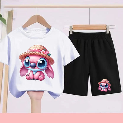 Disney Casual Children's Fashion Set T-shirt+ Shorts 2 Piece Stitch  Print  Boys Girls 3-12 Years Sports Coat Trend Party Sets