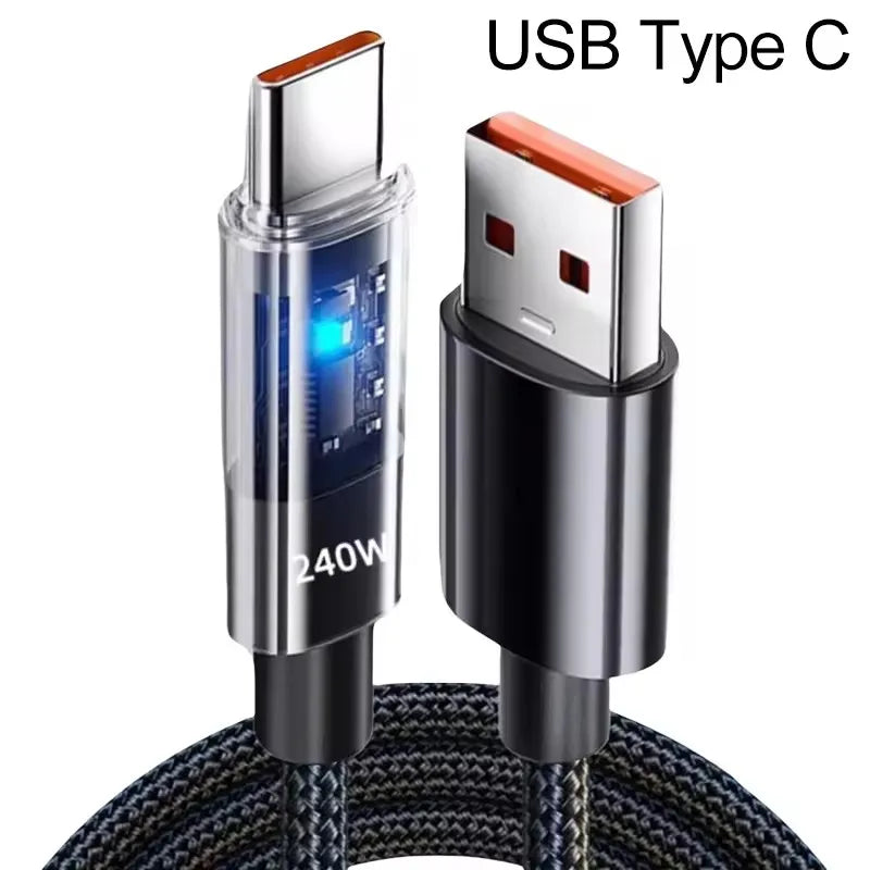 240W Nylonkabel USB Typ C Supersnabb Laddningskabel För Samsung Xiaomi Huawei Honor LED Digital Display Snabb Laddare Datakabel