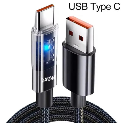 240W Nylonkabel USB Typ C Supersnabb Laddningskabel För Samsung Xiaomi Huawei Honor LED Digital Display Snabb Laddare Datakabel