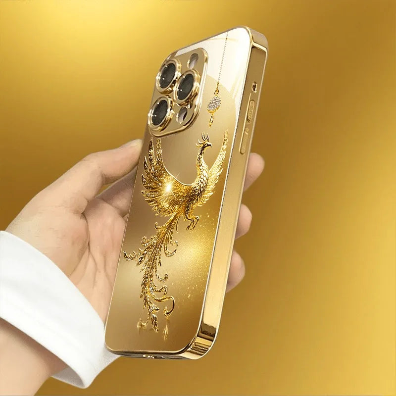Glasmobilskal med diamantmönster i guld och ”Golden Phoenix”-motiv samt guldmetallicfärg för iPhone 17 Pro Max, 11, 12, 13, 14, 15, 16 Plus, 17 Air och 16E