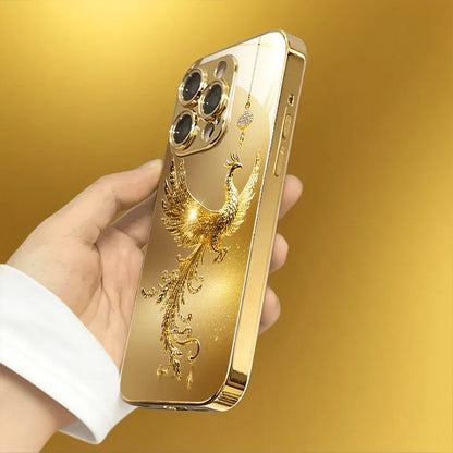 Glasmobilskal med diamantmönster i guld och ”Golden Phoenix”-motiv samt guldmetallicfärg för iPhone 17 Pro Max, 11, 12, 13, 14, 15, 16 Plus, 17 Air och 16E