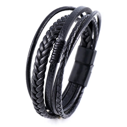 Flerskiktade flätade reparmband för män, klassiskt handgjort PU-läderarmband med magnetiskt spänne, trendiga punksmycken