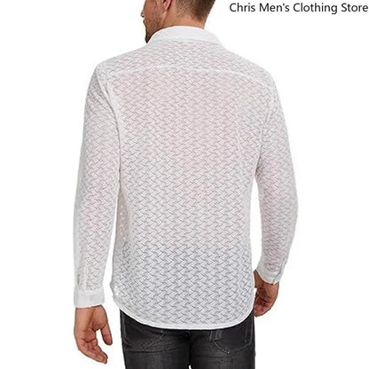[Vår/Sommar Nyhet] Trenden med ihålig mesh, nattklubb, fest, casual, herrskjorta, sexig spetsperspektiv, långärmad skjorta för män