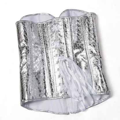 Dam Konstläder Glänsande Guld Silver Överbystkorsett Burlesk Bustier Body Shaper Steampunk Korsett Topp Plus Storlek