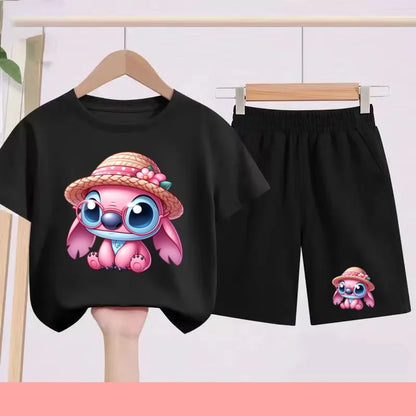 Disney Casual Children's Fashion Set T-shirt+ Shorts 2 Piece Stitch  Print  Boys Girls 3-12 Years Sports Coat Trend Party Sets