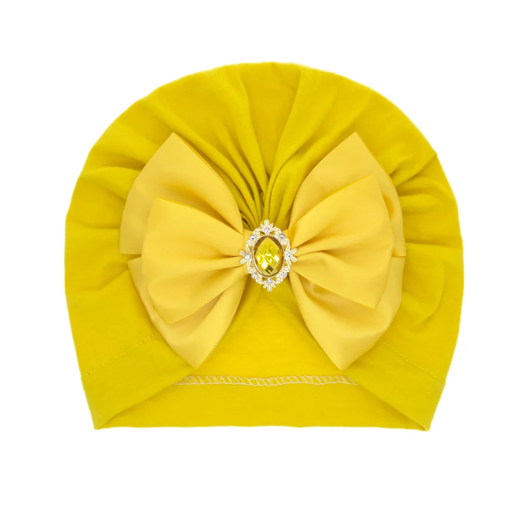 Enfärgad Baby Turban Rosett Bling Strass Spädbarnsmössor Flicka Mössa Mode Handgjord Band Rosett Indisk Mössa Mjuk Huva 0-2År