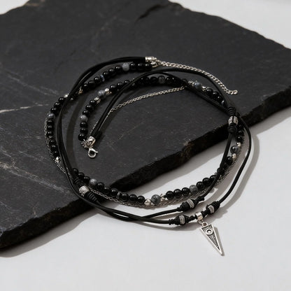 Rock Punk Halsband i Lager för Herrar, Avslappnat Halsband i Svart Läder med Flerlager, Vattentätt Litet Geometriskt Hänge Gåva