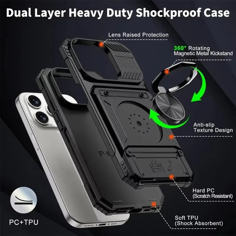 Militärkvalitetsskal för iPhone 11 13 14 15 16 Pro Max Magnetiskt roterande ringstativ Robust fallskyddande plånboksfodral