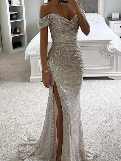 Paljett Långa Klänningar Dam Sexig Off Shoulder Aftonklänning Dam Elegant Mode Slash Neck Balklänning Kvinna Hög Split Klänning Vestidos