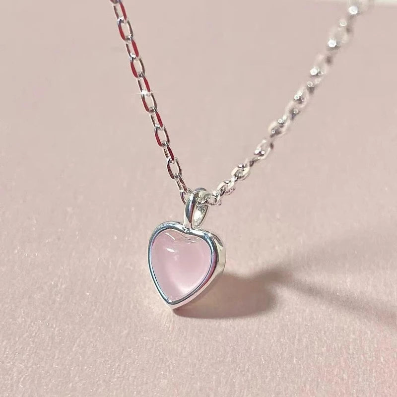 Nytt sött charm 925 sterlingsilver rosa hjärta kristallhänge halsband för kvinnor flickor nyckelbenskedja smycken accessoarer gåva