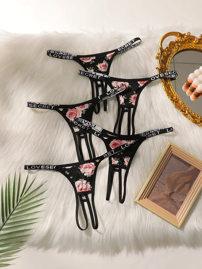 5-delat set med sexiga damunderkläder med broderad blommig design och sömlösa, ihåliga mönster, lätttvättade och torkade underkläder C960