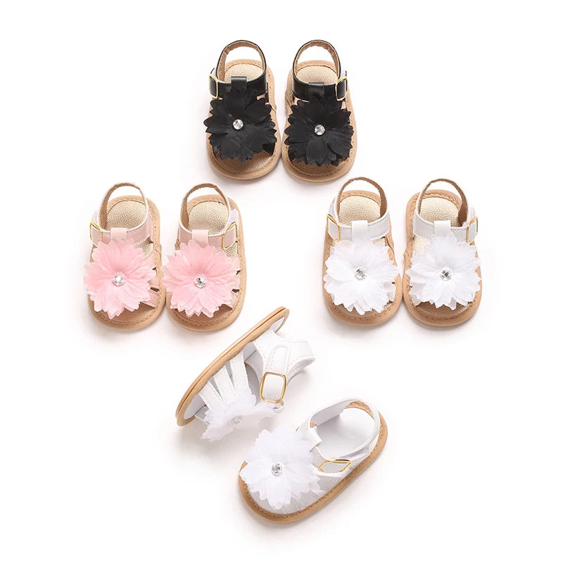 Babysko för lärande, sommarsandaler med blommig strass, mjuka och eleganta skor för spädbarnsflickor 0-18M