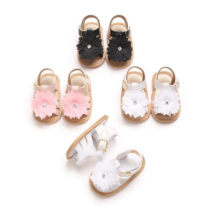 Babysko för lärande, sommarsandaler med blommig strass, mjuka och eleganta skor för spädbarnsflickor 0-18M