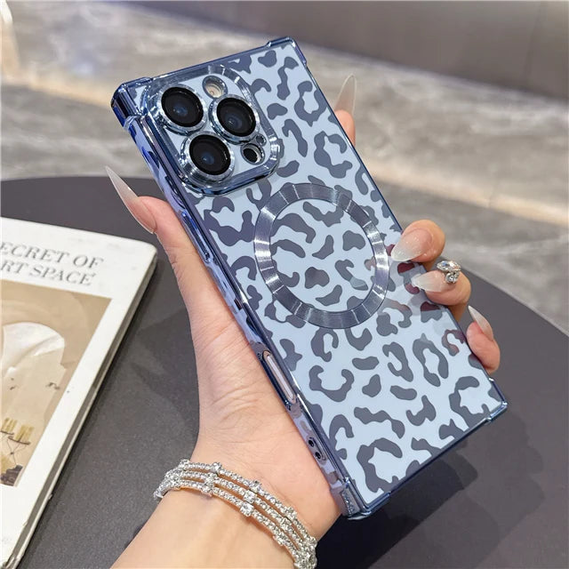 Lyxigt guldskal med leopardmönster och stötskydd för iPhone MagSafe Magnetic 13, 14, 15, 16 Pro Max, Plus, 17 och Air – skyddsfodral