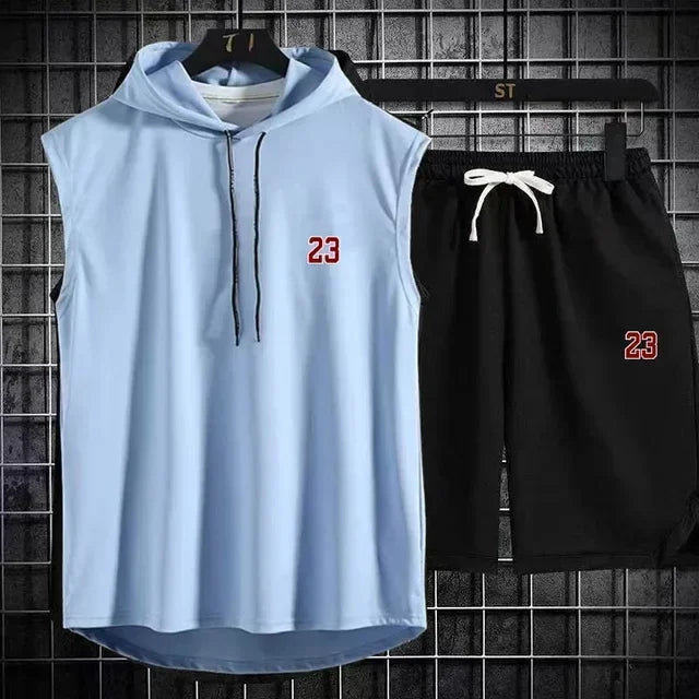 Sommar Nytt Herr Ärmlös Huva T-shirt + shorts Byxor Sport tvådelat set Gym Mode Casual Herr Dam Sport tvådelat set