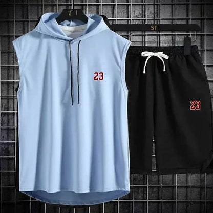 Sommar Nytt Herr Ärmlös Huva T-shirt + shorts Byxor Sport tvådelat set Gym Mode Casual Herr Dam Sport tvådelat set