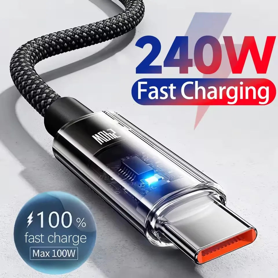 240W Nylonkabel USB Typ C Supersnabb Laddningskabel För Samsung Xiaomi Huawei Honor LED Digital Display Snabb Laddare Datakabel