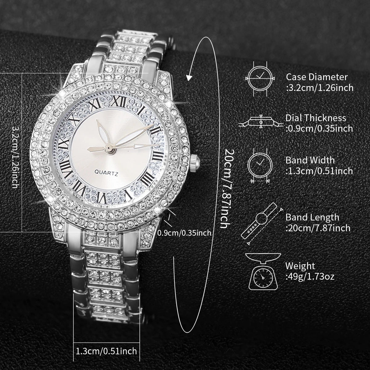 6 delar/set damklocka moderiktig strass romsk urtavla kvartsklocka stålarmband armbandsur diamantsmyckenset (utan ask)