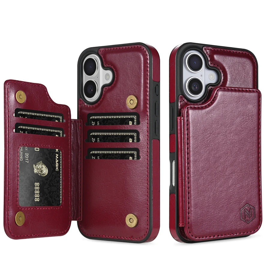 Plånbok med RFID-blockerande lager, skyddande stöldskyddande magnetiskt läderfodral för iPhone Air 17 Pro Max 16e 15 Plus 14 13 12 11 korthållare