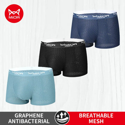 MiiOW 3 st. issilkesunderkläder för män, boxershorts, sexiga, nät, andningsbara, antibakteriella, herrkalsonger, L-4XL, herrboxershorts