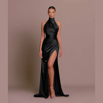 2026 Retro-stil Satin Halter Maxiklänning Elegant Midja Bantande Hög Slits Fest Formella Tillfällen Enfärgad Minimalism Lång Kjol