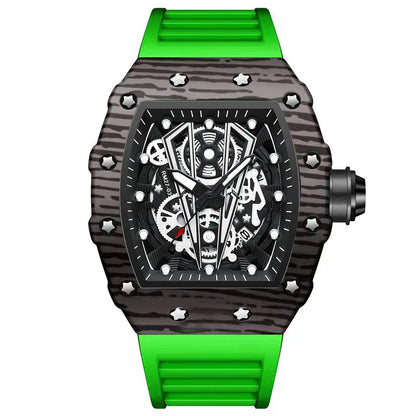 BINBOND Märke Herrklocka Domineering Barrel Watch Böjd Spegel Ihålig Yta Sport Herrklocka Silikon Quartz Armbandsur B8577