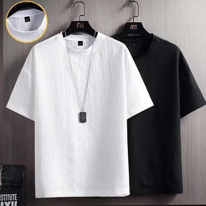 Ny herr casual t-shirt med rynkor, sommar, halvärmad, lös mode-t-shirt, enfärgad, snygg, kortärmad