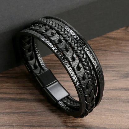 Flerskiktade flätade reparmband för män, klassiskt handgjort PU-läderarmband med magnetiskt spänne, trendiga punksmycken