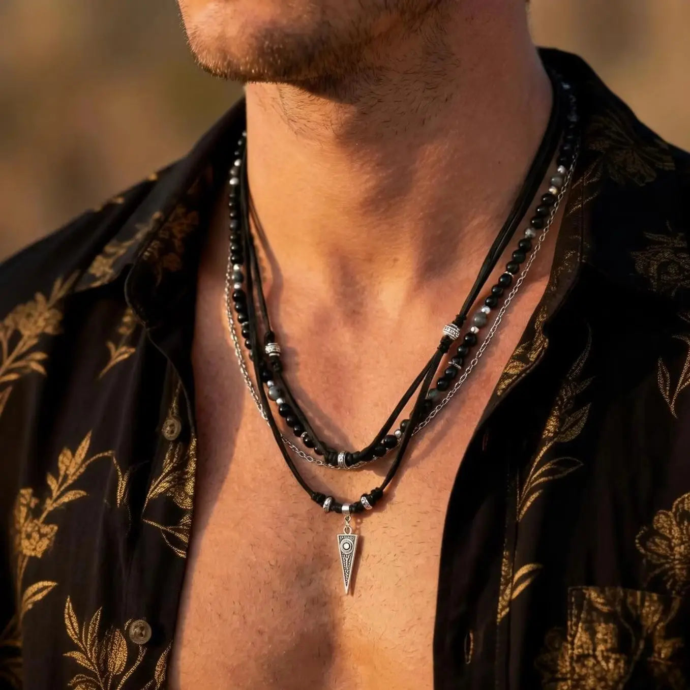 Rock Punk Halsband i Lager för Herrar, Avslappnat Halsband i Svart Läder med Flerlager, Vattentätt Litet Geometriskt Hänge Gåva