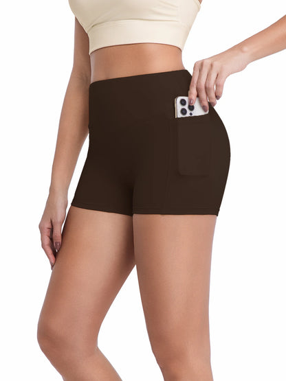 Yogashorts med hög midja och fickor för kvinnor, 7,5 cm mjuka biker-shorts med naken känsla, magkontroll och rumplyftande träning