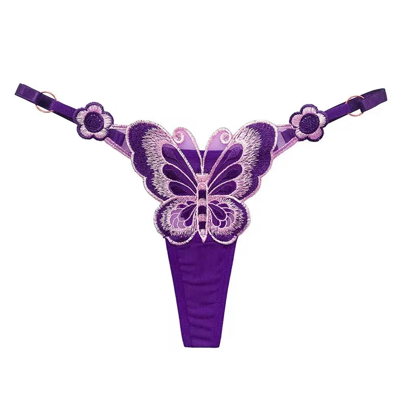 Fjärilsspetsstringtrosor för kvinnor Låg midja G-stringtrosor Transparenta meshtrosor Sexiga broderade trosor Justerbar midja Culotte Femm