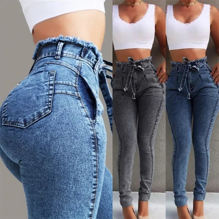 Damkläder Jeans Slim Stretchiga Tofsbälte Jeans med Hög Midja Denimbyxor Skinny Ankellånga Blekta