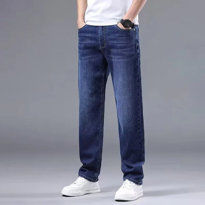 Vår Höst Herr Baggy Hög Midja Jeans Herrmode Casual Plus Size Byxor Klassiska Stretchiga Raka Ben Denimbyxor