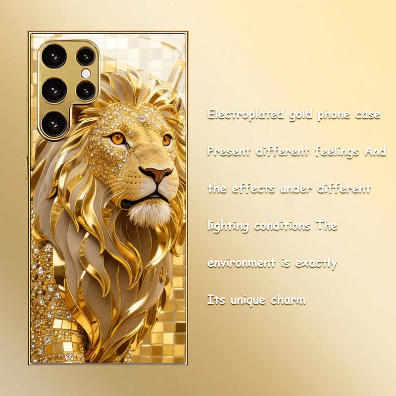 Mobilskal med ”Golden Lion Weiyi”-mönster i galvaniserat guld för Samsung Galaxy S26/S25 Ultra/S24 Ultra/S23/S22 Ultra/S21