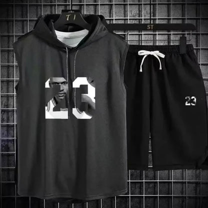 Sommar Nytt Herr Ärmlös Huva T-shirt + shorts Byxor Sport tvådelat set Gym Mode Casual Herr Dam Sport tvådelat set