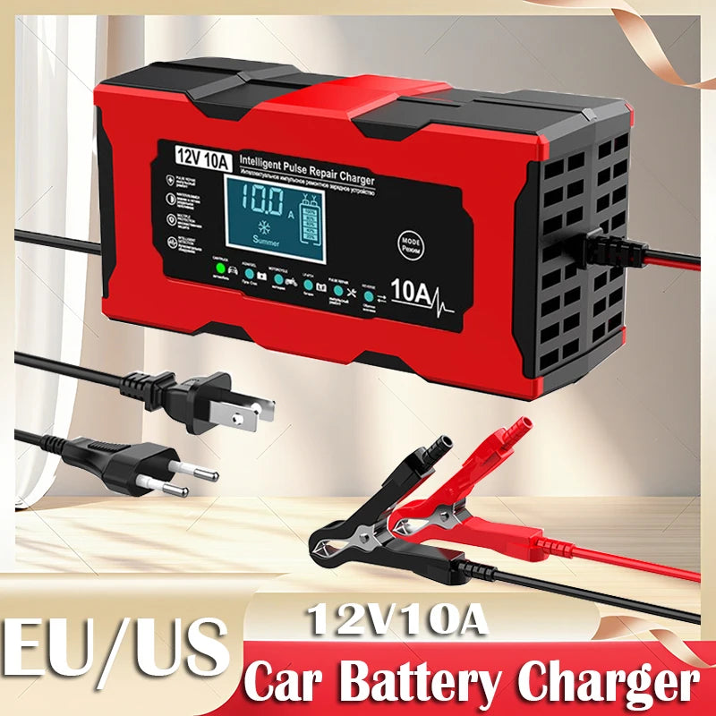 Bil- och husbilsstartare Batteriladdare 12V 10A Smart laddningsladdare med krokodilklämma LCD-skärm för Lifepo4 blysyra AGM GEL