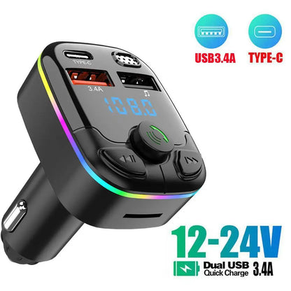 Bluetooth 5.0 Bil FM-sändare PD Typ-C Dubbel USB Ambient-spelare Handsfree MP3-laddare Typ-C Trådlös lampa PD QC3.0 Adapter