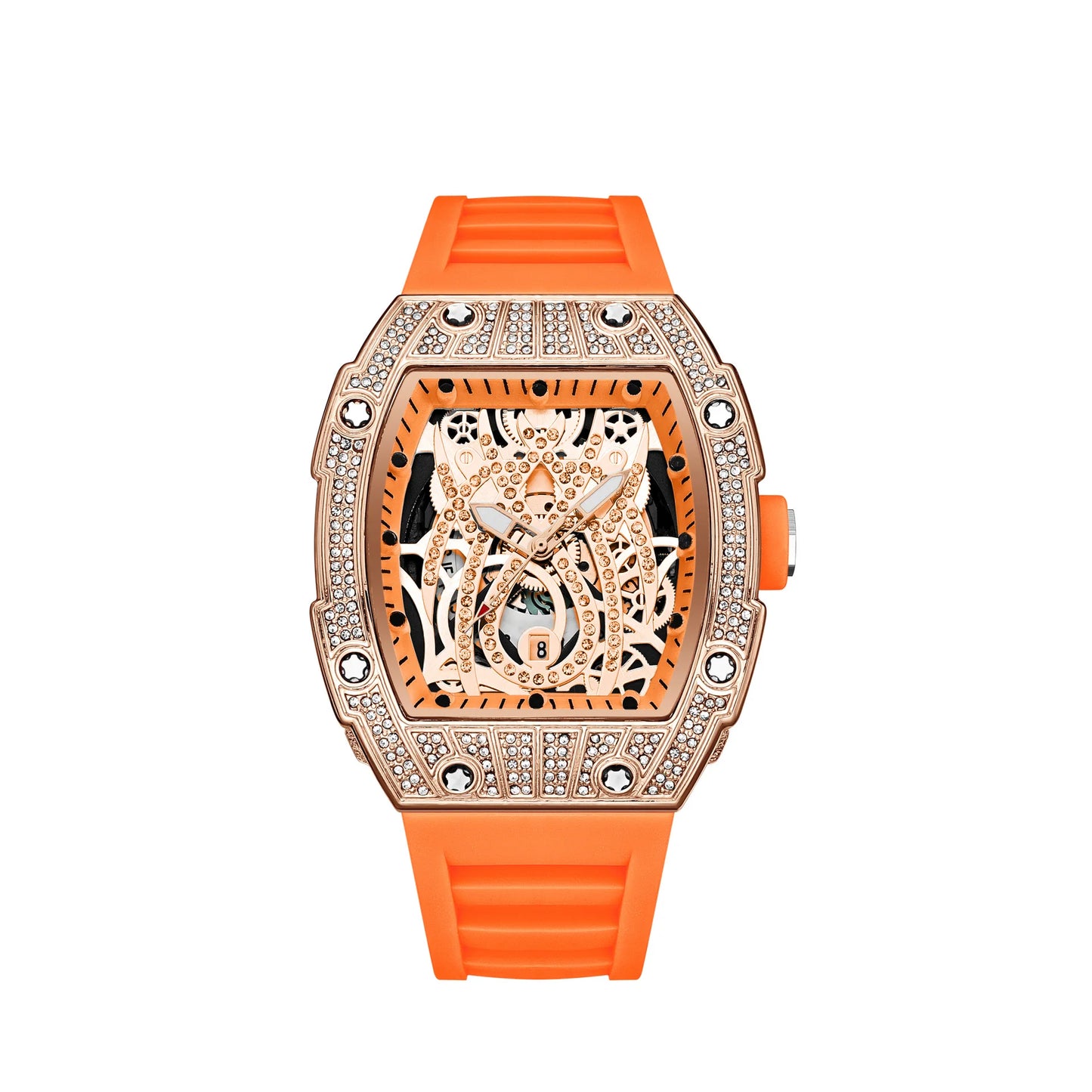 Mode Tonneau Hollow Full Diamond Gravyrhuvud Quartz Klocka Herr Lyxig Lysande Vattentät Datum Klockor Herr Stål Herrklocka