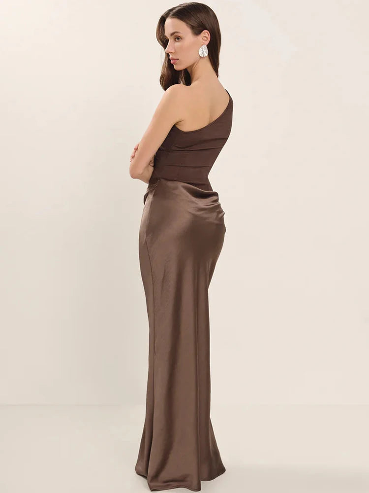 Mozision Satin Lutande Axel Sexig Maxiklänning Dammode Patchwork Ärmlös Rygglös Bodycon Kvällsklubb Festklänning