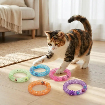 5 st. klockljud, cirkelklockkatt, mjukt nät, bettresistent, självlekkatt, färgglad studsande fjäderkatt, interaktivt rutnät, rör