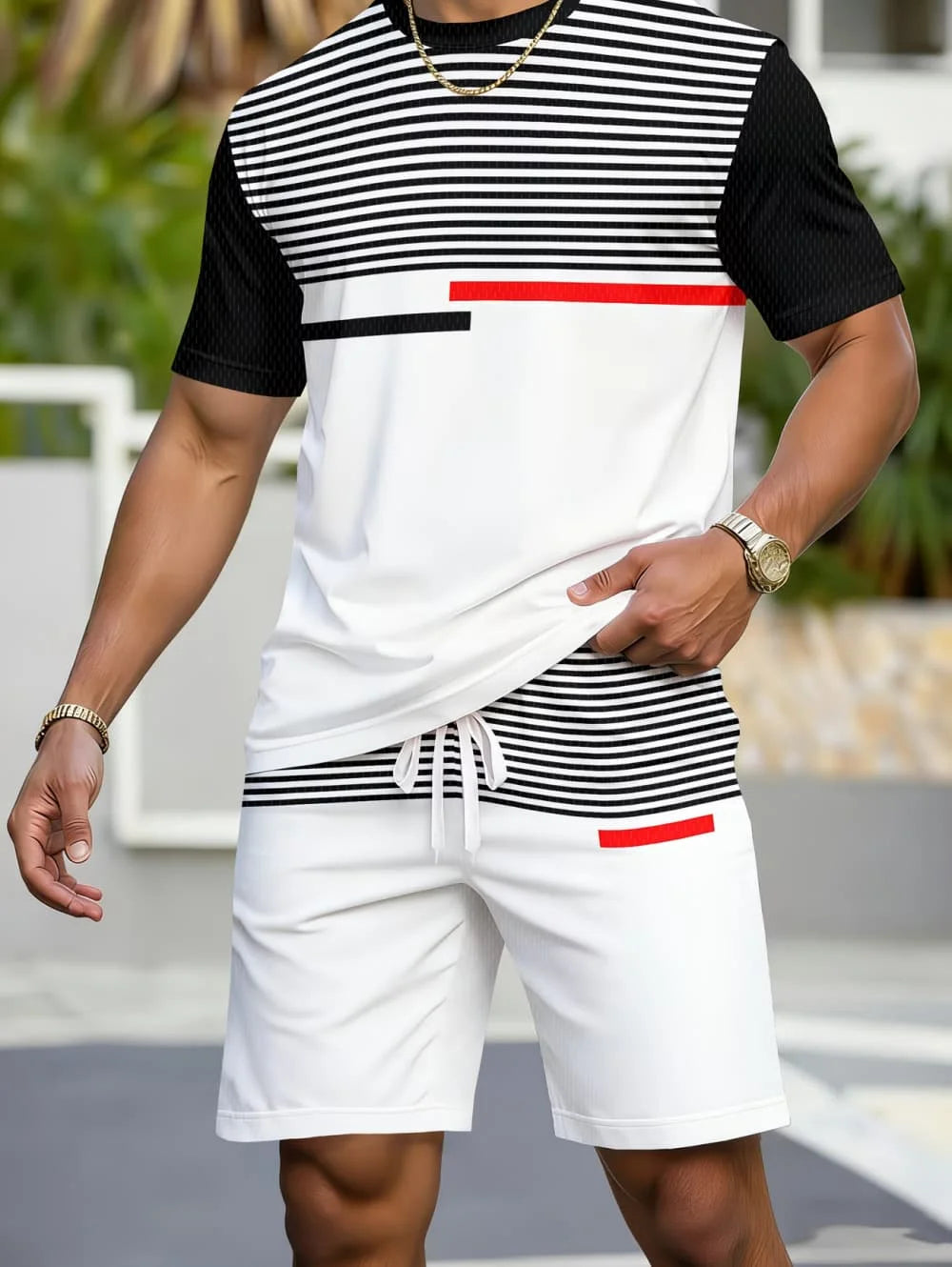 Avslappnad randig mönstrad t-shirt shorts set stor storlek lös herr kortärmad t-shirt med elastisk midja shorts 2-delat set sportkläder
