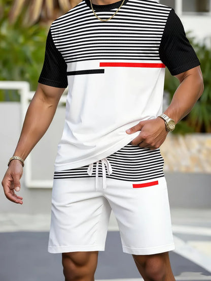 Avslappnad randig mönstrad t-shirt shorts set stor storlek lös herr kortärmad t-shirt med elastisk midja shorts 2-delat set sportkläder