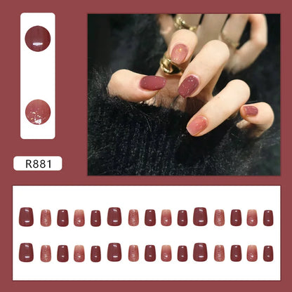 Mörkröd Charm 24 st press-on naglar rosa gradient lösnaglar glansiga konstgjorda fingermanikyr återanvändbara lösnaglar för kvinnor