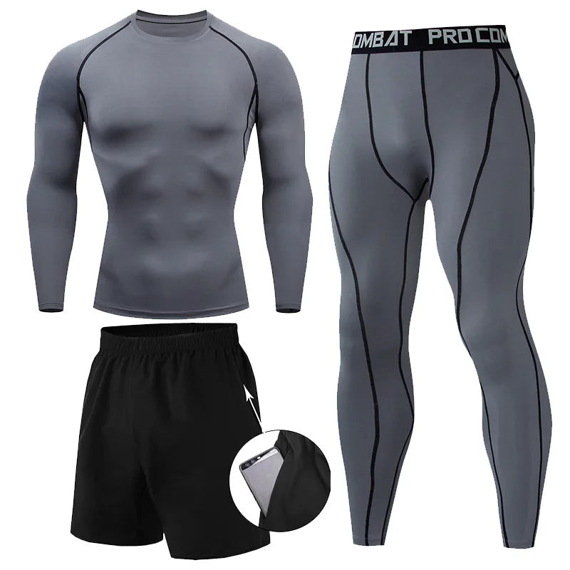 Herr 2/3-delars set boxningsdräkt rashguard herrkit MMA kompressionskläder herr långärmad t-shirt + leggings träningsdräkt sportdräkt