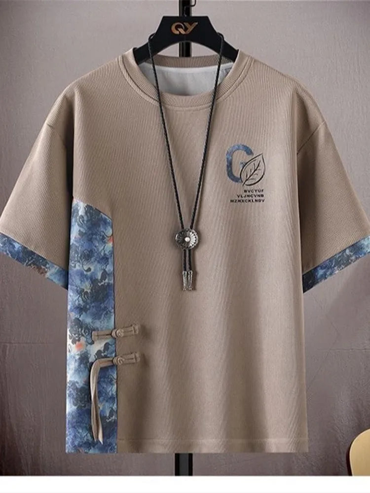Sommar Ny Modetrend Tryckt Kortärmad T-shirt Sportdräkt Herr Löst Bekvämt Andningsbart Tvådelat Set Stor Storlek
